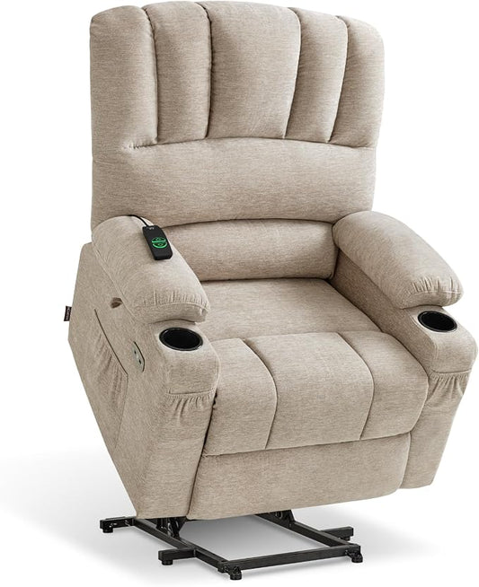 MCombo Power Lift Recliner Chair for Elderly, Lift Chair with Heat and Massage, USB &Type C Ports, Cup Holders, Fabric 7095 (Medium, Beige)
