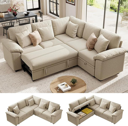 Ihanherry 86" Modular Sectional Sofa with Pull Out Bed, 5-Seater L Shaped Sectional Sleeper Couch with Storage, Chenille Convertible Couches for Living Room, Apartment (Sand)