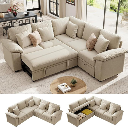 Ihanherry 86" Modular Sectional Sofa with Pull Out Bed, 5-Seater L Shaped Sectional Sleeper Couch with Storage, Chenille Convertible Couches for Living Room, Apartment (Sand)