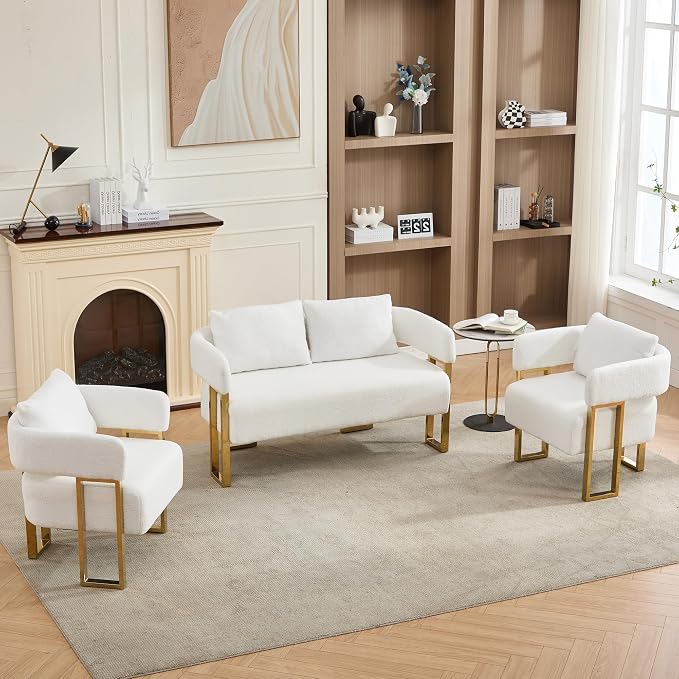 YISHENG Loveseat Sofa Modern Accent Chairs for Living Room with Golden Metal Legs Soft Teddy Upholstered Reading Armchairs no Wheels for Reception Room//Bedroom/Lounge/Office, White