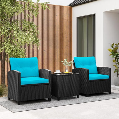 Tangkula 3 Piece Patio Furniture, Rattan Conversation Set w/Soft Seat & Back Cushions, Tempered Glass Topped Coffee Table, Cushioned Wicker Seating Set for Backyard, Porch, Poolside