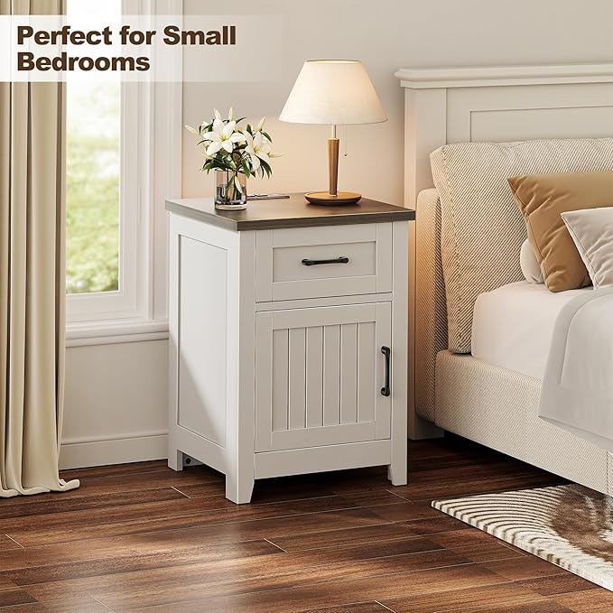 Decofy Farmhouse Nightstand with Charging Station, Set of 2 Modern End Tables with Large Storage and One Drawers, Outlets, USB Ports & Type-C Ports, Easy Assembly for Bedroom (Pure White + Walnut)