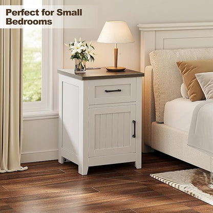 Decofy Farmhouse Nightstand with Charging Station, Set of 2 Modern End Tables with Large Storage and One Drawers, Outlets, USB Ports & Type-C Ports, Easy Assembly for Bedroom (Pure White + Walnut)
