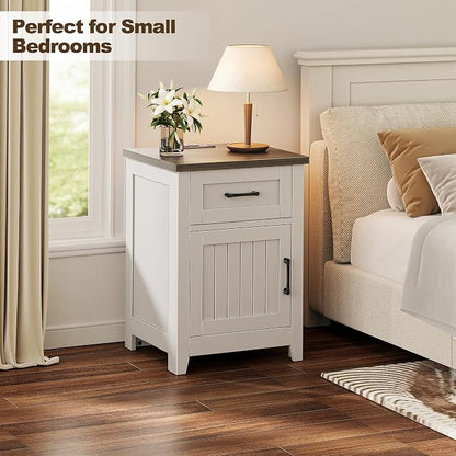 Decofy Farmhouse Nightstand with Charging Station, Modern End Tables with Large Storage and One Drawers, Outlets, USB Ports & Type-C Ports, Wood Rustic Nightstands for Bedroom (Pure White + Walnut)