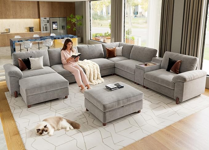 SITJOY Large Cloud Couch, 138" Wide 8 Seat V Shape with Console, Light Gray | Detachable and Washable Chenille Cover Sectional Sofas for Living Room, Deep Seat Wide Couch with Chaise, Storage Ottoman