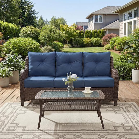 Patio Furniture Set, 2PCS Outdoor Wicker Conversation Set with 6" Thick Cushions, High Back Rattan Sofa, Weather Resistant Olefin Fabric for Garden, Poolside, Navy Blue