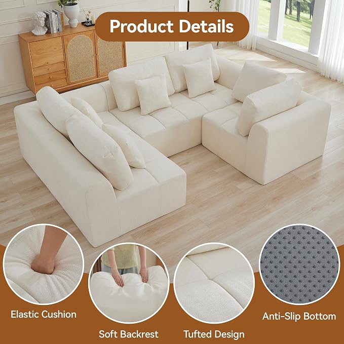 110''Modular Sectional Couches for Living Room, Cloud Boneless Compressed Sectional Sofa, Oversized U Shaped 5 Seater Upholstered Memory Foam Sofa, No Assembly, Chenille Beige
