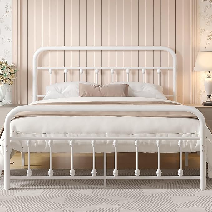 VECELO Classic White Victorian Style Metal Bed Frame with Headboard and Footboard Under Bed Storage No Box Spring Needed Strong Slat Suppor Bed Frame Full Size