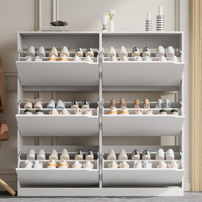 Xixini Shoe Storage Cabinet for Entryway with 6 Flip Drawers, Sturdy Wood Hidden Shoe Storage, Freestanding Narrow Slim Shoe Organizer for Front Door Entrance, Living Room, Hallway, Bedroom, White