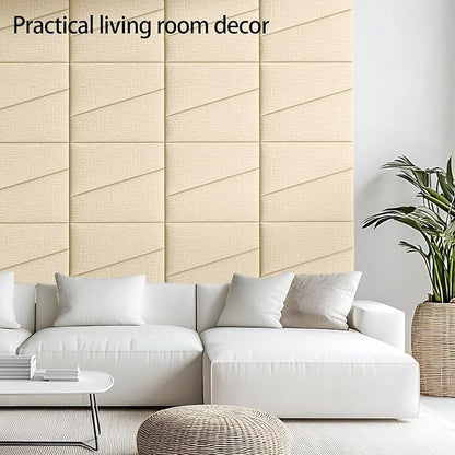 Peel and Stick Headboard for Queen Bed Linen Fabric Upholstered Wall Mounted Headboard - Wall Padding Panel in Beige for Bedroom/Living Room/Dorm (6 Panels)
