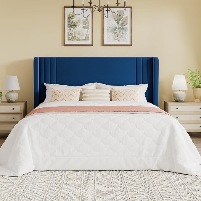 SHA CERLIN Queen Size Velvet Upholstered Platform Bed Frame with Vertical Channel Tufted Wingback Headboard, Wooden Slats Support, Easy Assembly, Under Bed Storage, No Box Spring Required, Blue