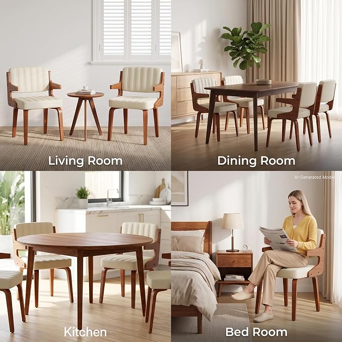 Dining Chairs Set of 4 with Hanging Armrest Beige | Set of 4 with hanging armrests for compact storage. Walnut frame with warm beige faux leather upholstery