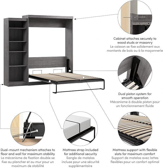 Bestar Pur Queen Murphy Bed with Shelving Unit, 90-inch Space-Saving Sleeping Arrangement for Multipurpose Room in Bark Grey