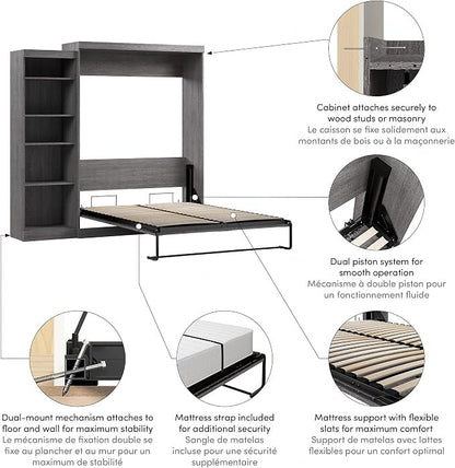 Bestar Pur Queen Murphy Bed with Shelving Unit, 90-inch Space-Saving Sleeping Arrangement for Multipurpose Room in Bark Grey