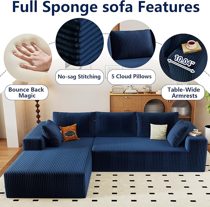 96" Modular Sectional Sofa, Modern Corduroy Cloud Couch with Deep Seat, Boneless Couch Upholstered 3-Seater L-Shaped Sofa for Living Room, No Assembly Required (Blue, Left-Facing Chaise)