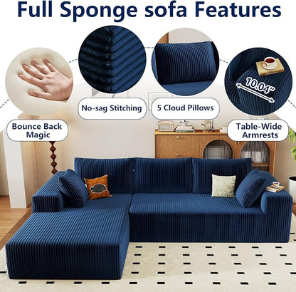 96" Modular Sectional Sofa, Modern Corduroy Cloud Couch with Deep Seat, Boneless Couch Upholstered 3-Seater L-Shaped Sofa for Living Room, No Assembly Required (Blue, Left-Facing Chaise)