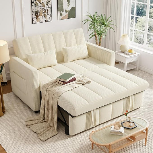 Nebuaegis Sleeper Sofa Bed,3-in-1 Convertible Pull Out Couch with Adjustable Backrest for Living Room,Loveseat Sofa Bed with Side Pockets,Easy Assembly,Beige,1 PCS