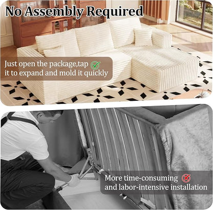 92.5" Cloud Sectional Boneless Couches for Living Room, Modular L Shaped Couch with Deep Seat Oversized Right Facing Chaise, Memory Foam Compressed Spineless 3 Seater Sofa for Apartment