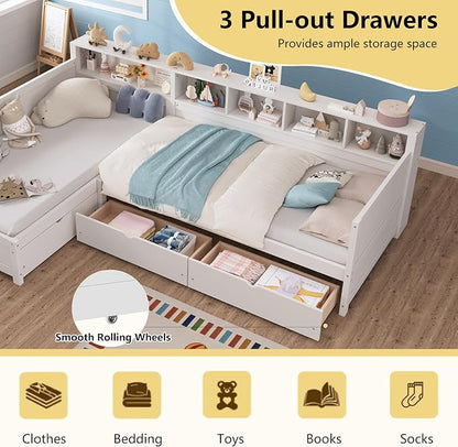 Bellemave L Shaped Corner Bed for 2 Kids, Double Twin Platform BedFrame with 3 Storage Drawers and Shelves, White