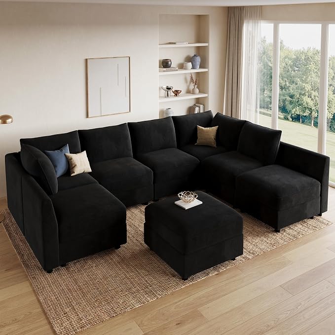HONBAY Oversized Modular Sectional Sofa with Storage U Shape Sectional Sofa Set Velvet Sectional Couches for Living Room,Black