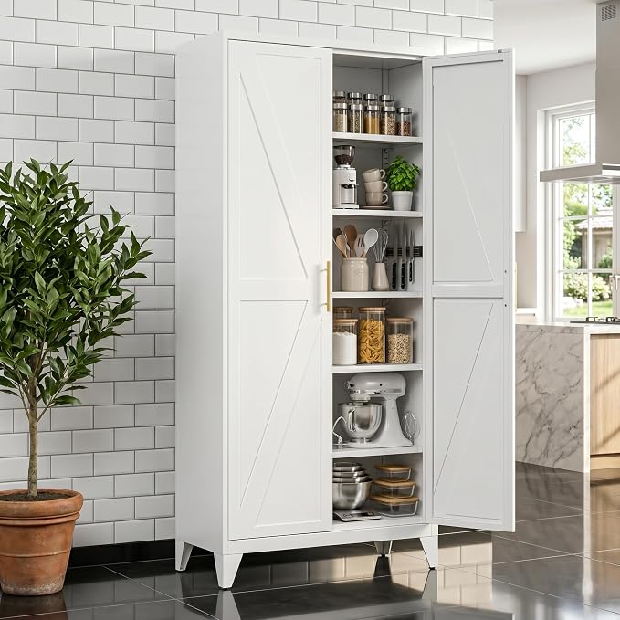 75.3 in Metal Kitchen Pantry Cabinet, White, 5 Adjustable Shelves | Tall storage cabinet with doors and shelves for kitchen pantry, laundry, utility room, office, garage, and food storage