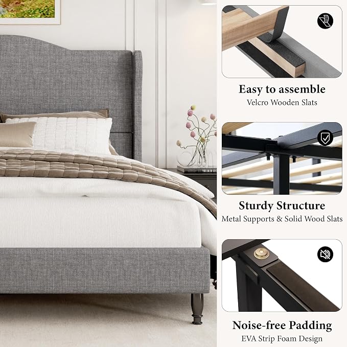 Queen Size Upholstered Platform Bed Frame, Light Grey | 50.4" Tall Wingback Headboard, Arched Tufted Design, No Box Spring Needed, 1000lbs Heavy Duty Support, Easy Assembly