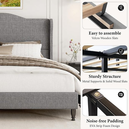 Queen Size Upholstered Platform Bed Frame, Light Grey | 50.4" Tall Wingback Headboard, Arched Tufted Design, No Box Spring Needed, 1000lbs Heavy Duty Support, Easy Assembly