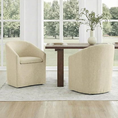 KISLOT Upholstered Dining Chairs Set of 4 with Casters, Modern Side Barrel Armchair with Washable Slipcover & Sturdy Metal Frame for Diningroom Bedroom Livingroom Reading Room, Sand Fabric