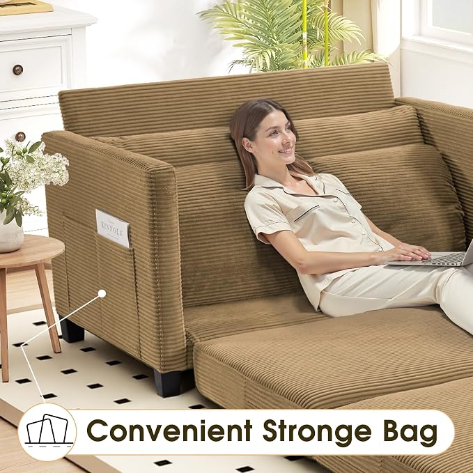Myroyalsit 51" Convertible Loveseat Sofa Bed, 2-in-1 Folding Sofa Bed with 2 Pillow for Small Spaces, Modern Loveseat Sleeper Couch for Apartment, Living Room & Guest Room (Brown Corduroy, 51 inch)