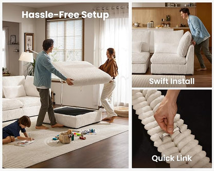 115" Oversized Corduroy Couch Modular Sectional Sofa, Washable Cloud Couch Sectional with Ottoman, 4 Seater Sectional Couches for Living Room, Fully Cover Removable, L Shaped, Plush Corduroy, White