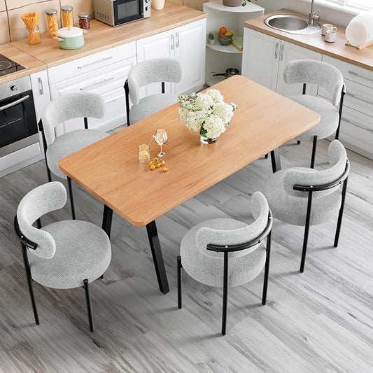 PatioPerk Boucle Dining Chairs Set of 6, Gray Mid Century Morden Chair with Curved Backrest, Round Upholstered Sherpa with Metal Legs, Suitable for Various Kitchen Styles