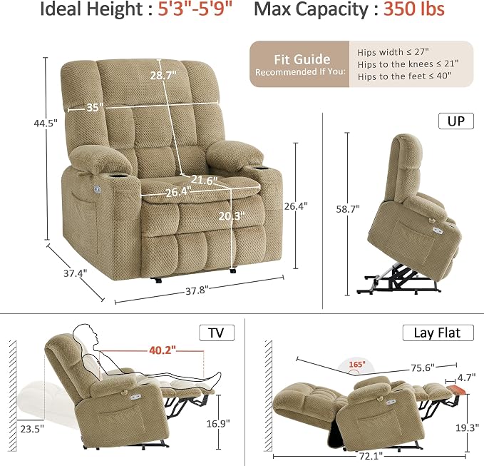 MCombo Extra Wide Dual Motor Power Lift Recliner Chair for Elderly, Zero Gravity Lift Chair with Heat and Massage, Infinite Position Recliners for Big Man, USB Ports, Fabric R7897 (Medium-Wide, Beige)