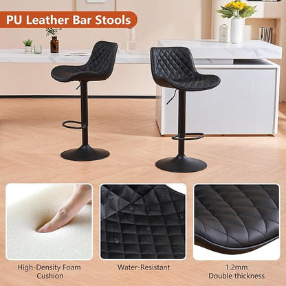 YOUTASTE Black Bar Stools Counter Height Bar Stool Set of 2 Adjustable Swivel Faux Leather Barstools with Padded Back Diamond Metal Bar Chairs for Home Kitchen Island