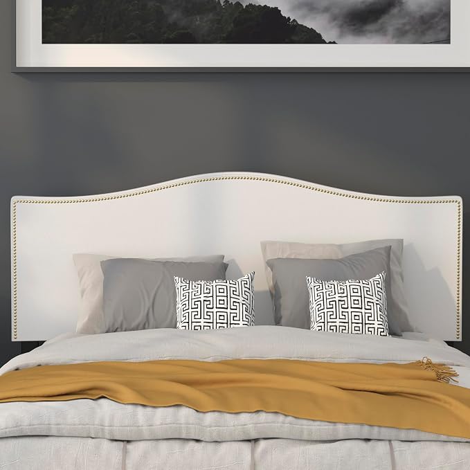 EMMA + OLIVER Upholstered Queen Size Headboard with Nailtrim in White Fabric