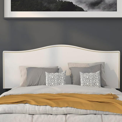 EMMA + OLIVER Upholstered Queen Size Headboard with Nailtrim in White Fabric