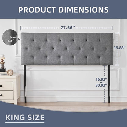 Linen Headboard King Size, Adjustable Height Headboard 37-51 in, Light Gray | Diamond Tufting Solid Wood King Headboards, Durable Metal Legs, Upholstered King Head Board for Bed Frame, Modern Fabric