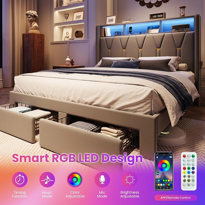 SHA CERLIN Queen Velvet Platform Bed Frame with 2 Storage Drawers, LED Storage Headboard with Charging Station, Upholstered Wingback Headboard, Noise-Free, No Box Spring Needed, Easy Assembly, Grey
