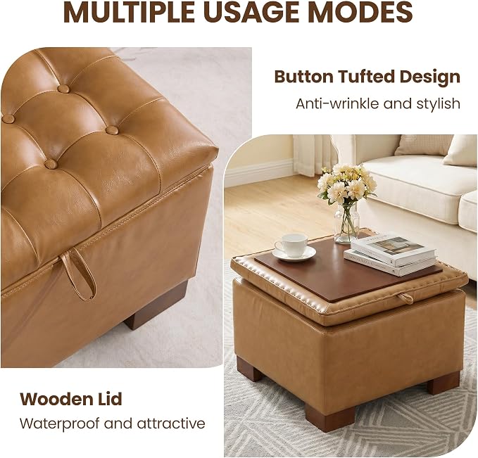 24 Inch Square Storage Ottoman Coffee Table, Modern Tufted Upholstered Ottoman with Flip Tray and Solid Wood Legs, Suitable for Living Rooms, Faux Leather Brown