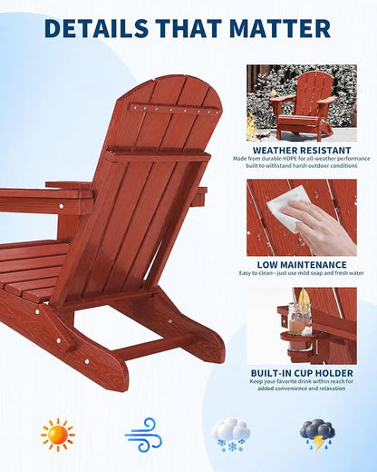 Garvee Folding Adirondack Chair Set of 2, HDPE Outdoor Patio Chair with Cup Holder, All Weather Resistent Wooden Textured for patios, Decks, Gardens, fire Pit, Red