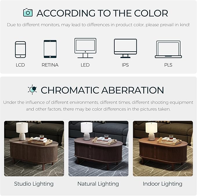 LINSY HOME Oval Coffee Table, Wood Coffee Table with Storage, Fluted Accent Center Table with Sliding Tambour Door, 39" Mid Century Modern Coffee Tables for Living Room, Bedroom, Apartment, Walnut