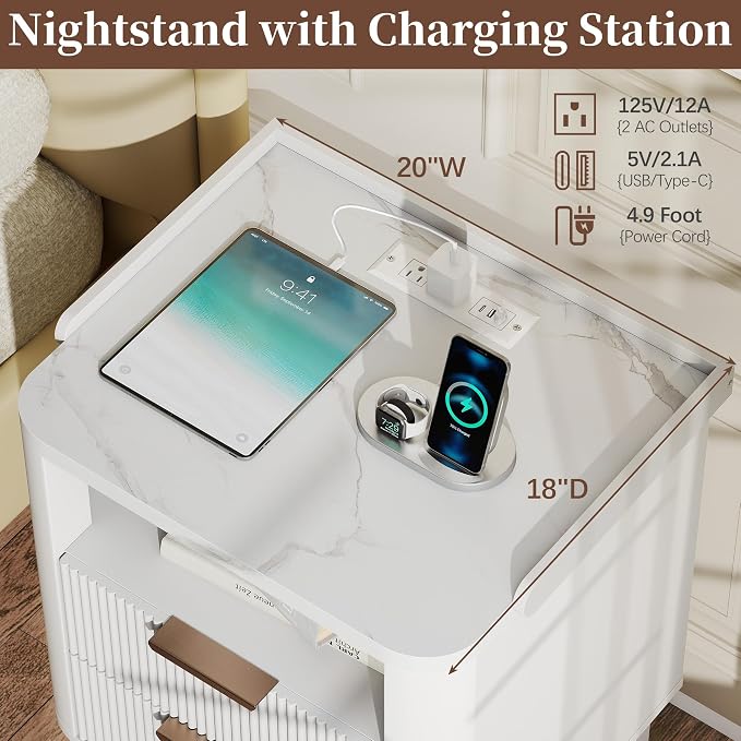 Baoz White Fluted Nightstand with Charging Station & 2 Drawers for Bedroom | 20" Wide Mid Century Modern Bedside Table Wood Faux Marble Top Curved Profile Design 27in Tall LED Night Stand