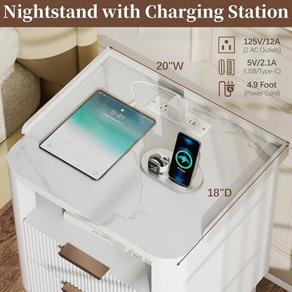 Baoz White Fluted Nightstand with Charging Station & 2 Drawers for Bedroom | 20" Wide Mid Century Modern Bedside Table Wood Faux Marble Top Curved Profile Design 27in Tall LED Night Stand