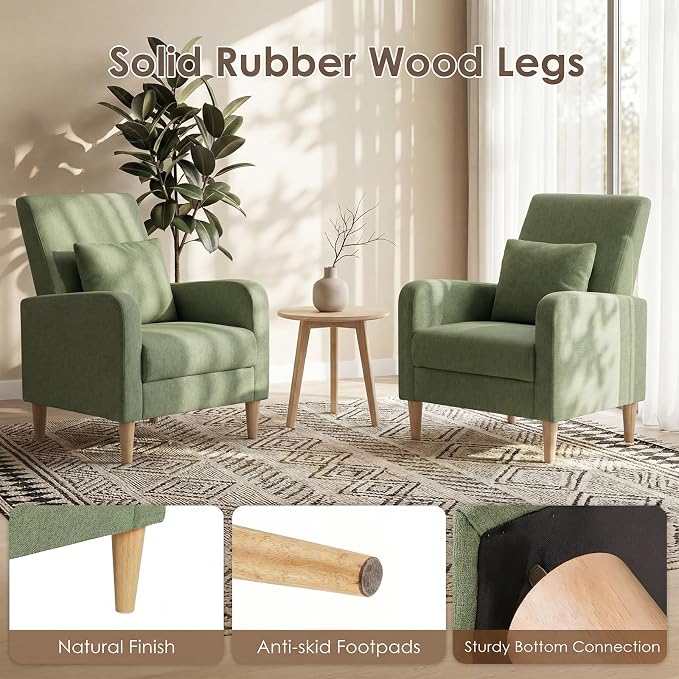 COLAMY Mid-Century Modern Upholstered Accent Chair with Back Pillow & Solid Wood Legs, Fabric Cozy Armchair for Living Room, Bedroom, Reading Nook, Apartment & Small Spaces, Green