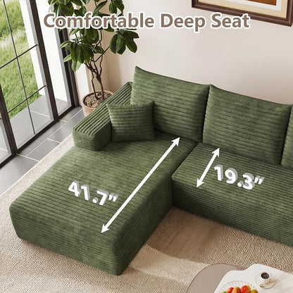 95" Cloud Sectional Couch with L-Shape Chaise, Modular Comfy Sofa Chaise Longue, Upholstered Corduroy Couches Sleeper with Deep Seat for Living Room Bedroom, No Assembly Required(Green, Left Facing)