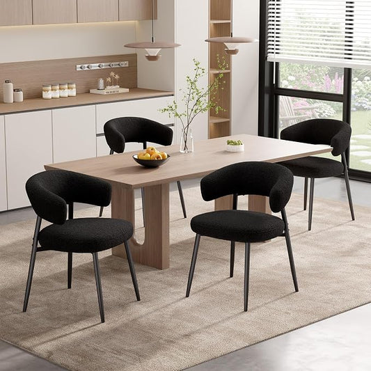 Dining Chairs Set of 4, Mid Century Modern Kitchen Chairs, Boucle Upholstered Dining Chair with Curved Backrest & Metal Legs for Kitchen Dining Room, Black