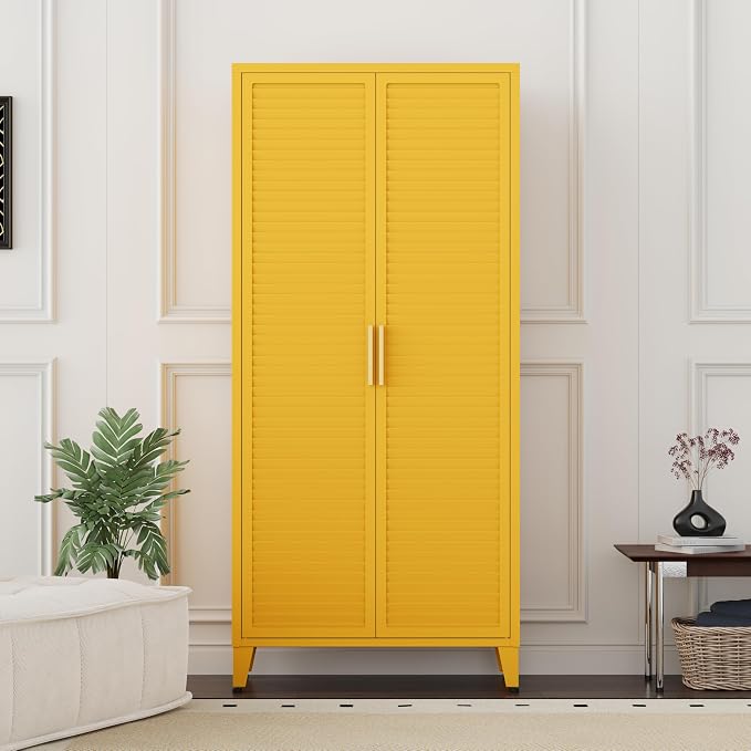 61 "H Yellow Metal Cutlery Cabinet with Door Freestanding Kitchen Cabinet with 3 Adjustable Shelf Side Panels, Suitable for Kitchen, Living Room, Dining Room Metal Cabinet,Requires Assembly