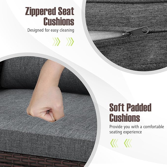 Tangkula 3 Pieces Patio Furniture Set, PE Rattan Wicker 3 Pcs Outdoor Sofa Set w/Washable Cushion and Tempered Glass Tabletop, Conversation Furniture for Garden Poolside Balcony (Grey)