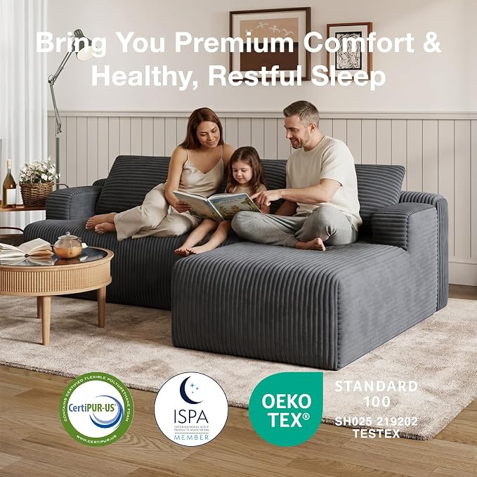 Novilla L-Shape Sectional Couches for Living Room with Smarts Coil® Support, 3 Seater Sectional Sofas for Living Room Bedroom, Corduroy Cloud Couch Sectional, No Assembly(Dark Grey, Right Hand Facing)