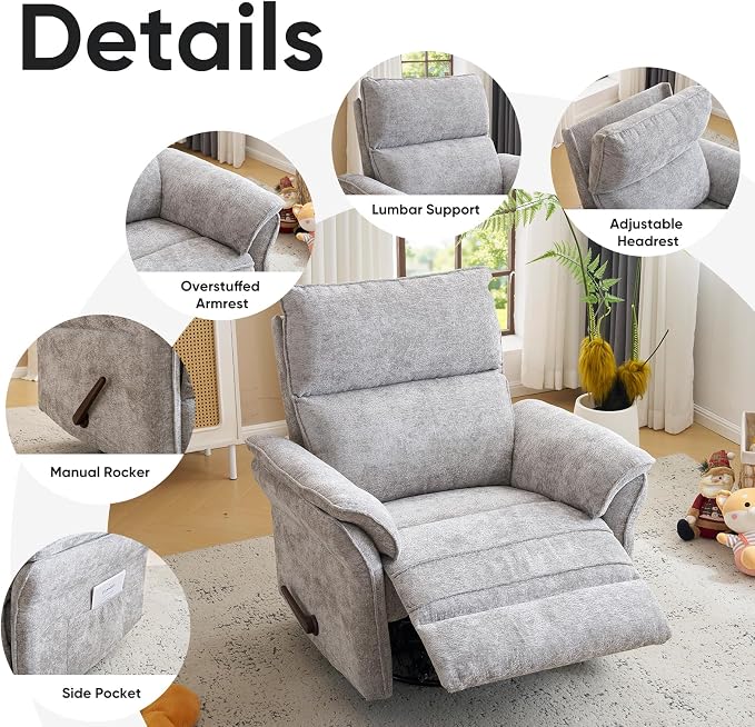 Rocking Chair Nursery with Adjustable Headrest,Manual Swivel Rocker Recliner Nursery Chair with Overstuffed Armrest,Glider Rocker Recliner for Living Room & Bedroom,Light Grey