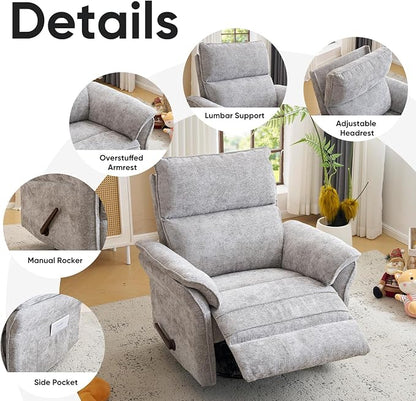 Rocking Chair Nursery with Adjustable Headrest,Manual Swivel Rocker Recliner Nursery Chair with Overstuffed Armrest,Glider Rocker Recliner for Living Room & Bedroom,Light Grey